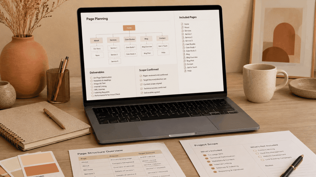 Laptop displaying website page planning, included pages, project deliverables and confirmed SEO scope.