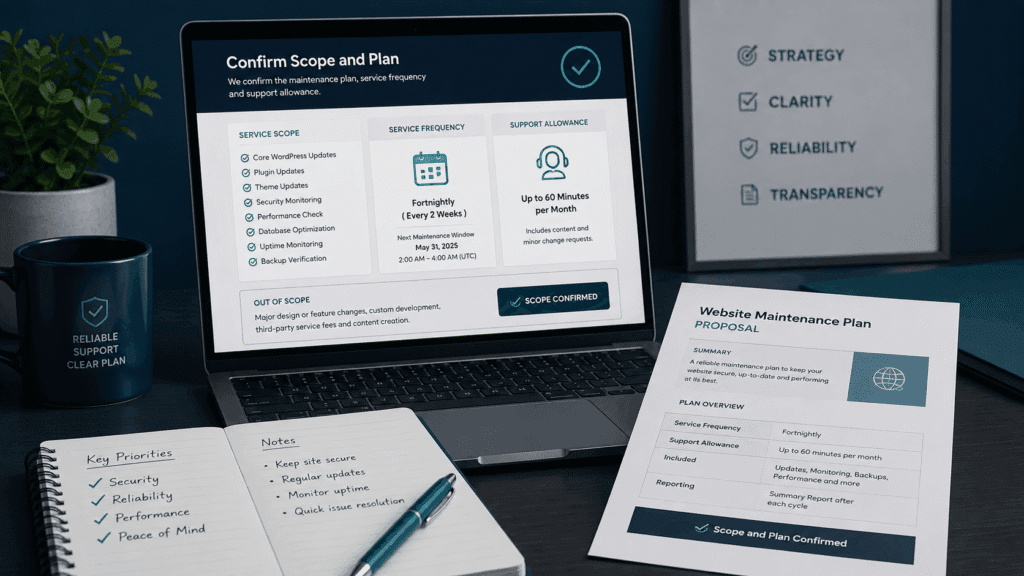 WordPress Website Maintenance Malaysia | Miura Visual 34 Website maintenance plan dashboard showing service scope, maintenance frequency and support allowance
