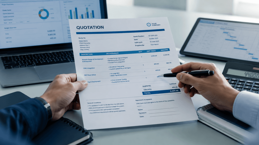 Photography Services Malaysia | Business, Product & Event 38 Hands reviewing a photography quotation document at an office desk with laptop and calculator