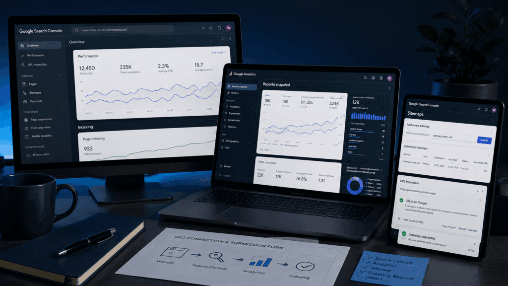 Monitor, laptop and tablet showing Search Console, Analytics, sitemap submission and website indexing requests.