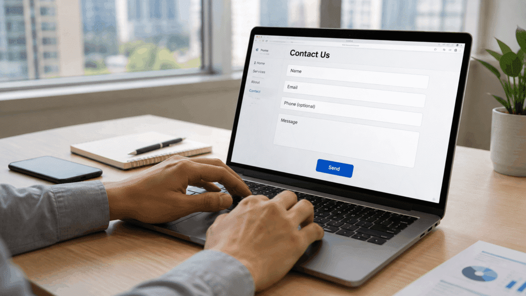 Contact Miura Visual Malaysia | Start Your Project 7 Contact enquiry form on a laptop for reaching Miura Visual Malaysia