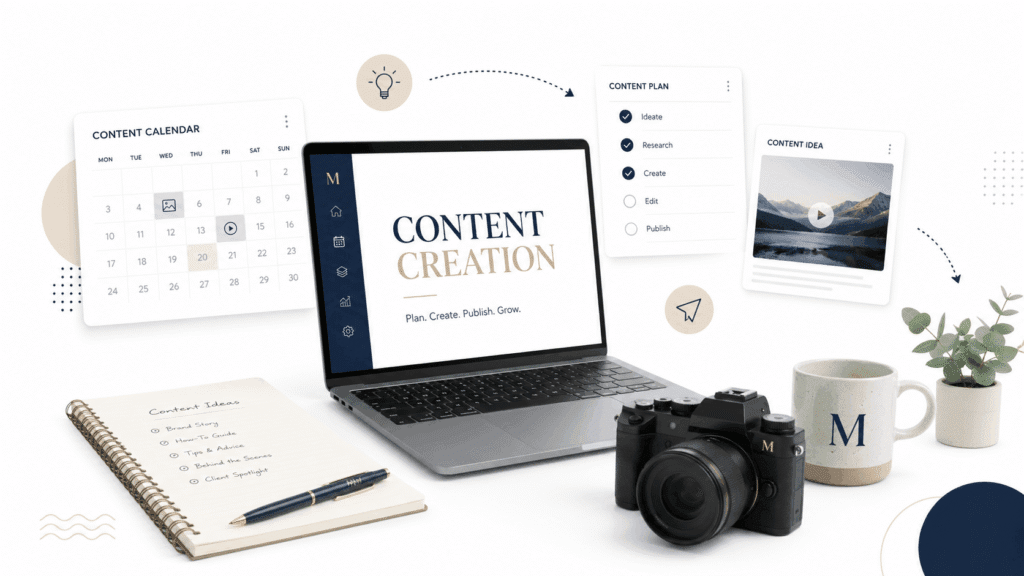 Miura Visual Insights | Content, SEO & Creator Growth 18 Miura Visual Insights Content creation workspace with laptop, calendar, planning board, notebook and camera on a white background