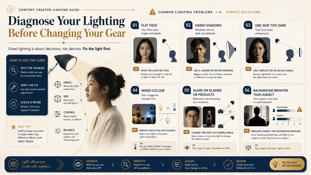 How Should You Build a Content Creator Lighting Setup? 2 Content creator lighting setup guide showing common lighting problems including flat faces, harsh shadows, uneven light, mixed colour and glare with practical fixes.