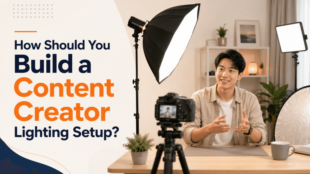 How Should You Build a Content Creator Lighting Setup? 1 Malaysian Chinese content creator in a home studio with a camera, softbox, LED panel and reflector, with the title How Should You Build a Content Creator Lighting Setup?