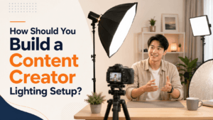 Creator Tips | Content, Photography, Video & Workflow 10 Malaysian Chinese content creator in a home studio with a camera, softbox, LED panel and reflector, with the title How Should You Build a Content Creator Lighting Setup?