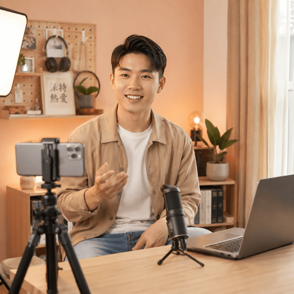 Video Editing Services Malaysia | Social & Short-Form Videos 43 Local Chinese content creator smiling in a home studio with smartphone, microphone and laptop