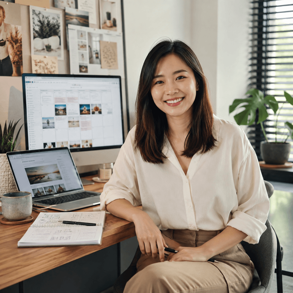 Smiling content strategist seated at a workspace with a content calendar, website planning tools and digital publishing screens.