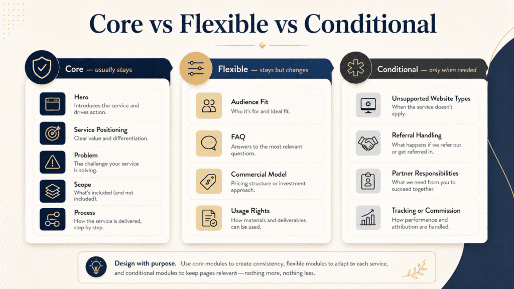 Core, flexible and conditional service page modules used to decide which sections stay, change or appear only when needed