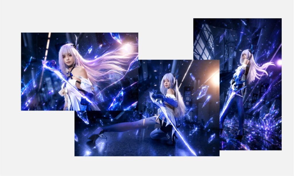 Cosplay portrait enhanced with blue lighting, crystal effects and creative photo retouching