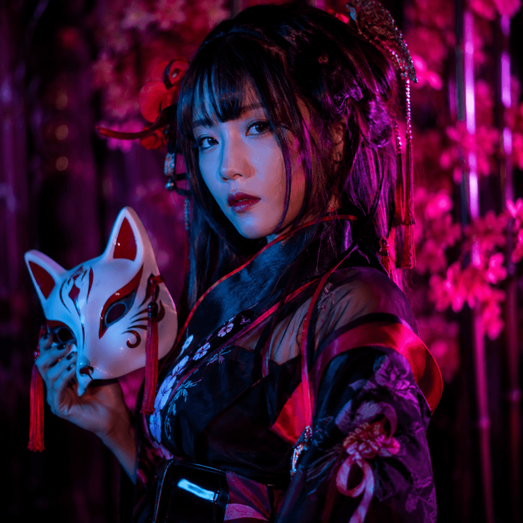 Photography Services Malaysia | Business, Product & Event 10 Creative cosplay portrait of a local woman holding a fox mask under neon lighting