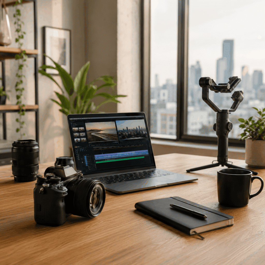 Creator Tips | Content, Photography, Video & Workflow 21 Creative workspace with a camera, laptop showing video editing software, gimbal, notebook and coffee mug on a wooden desk near a city-view window