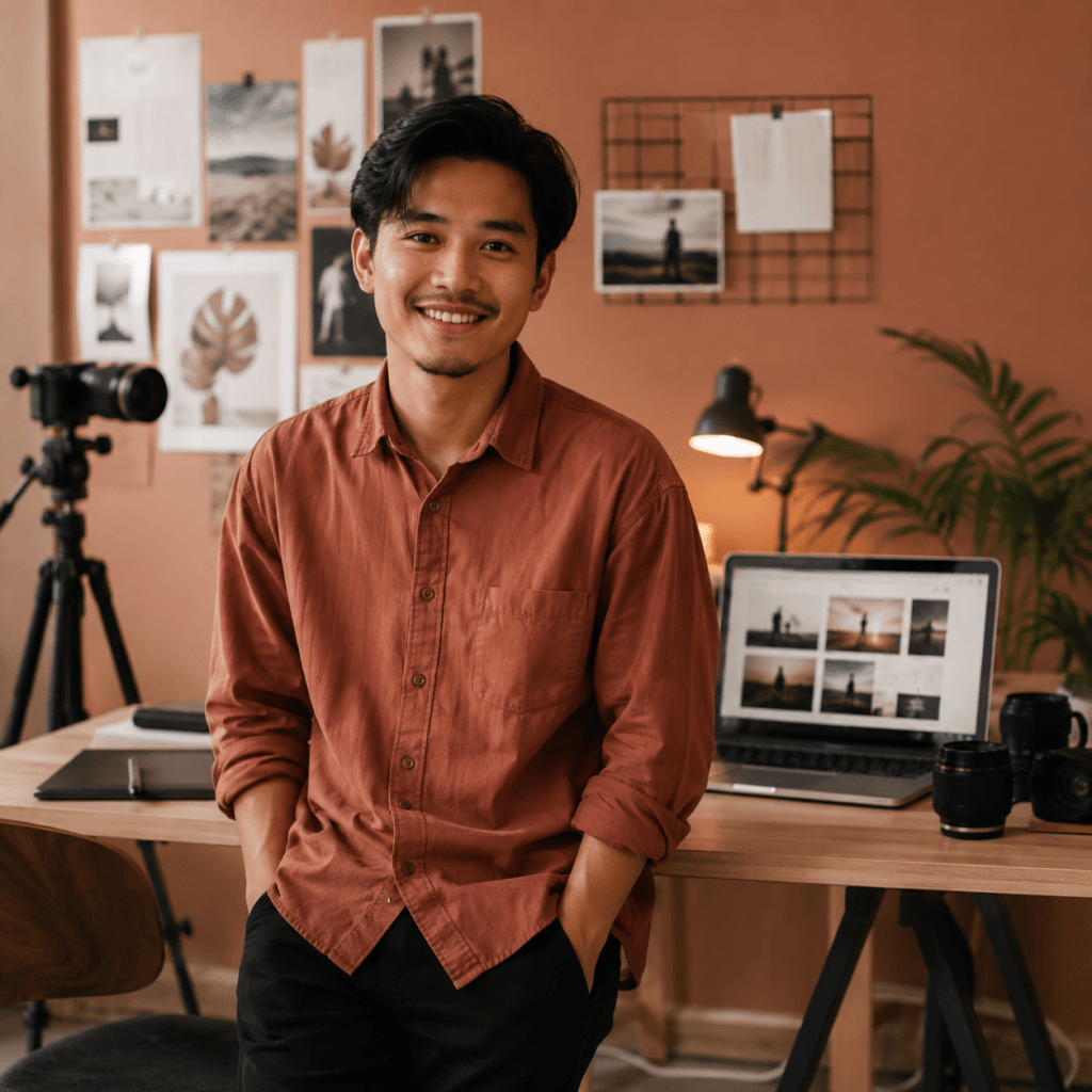 WordPress Website Maintenance Malaysia | Miura Visual 44 Smiling photographer in a creative studio with camera equipment and content editing workspace in the background