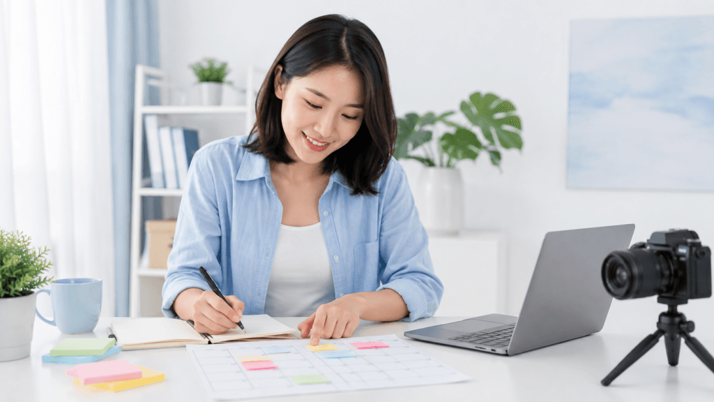 Creator Tips | Content, Photography, Video & Workflow 6 Creator planning content at a bright desk with a notebook, laptop, camera and content calendar in a clean workspace
