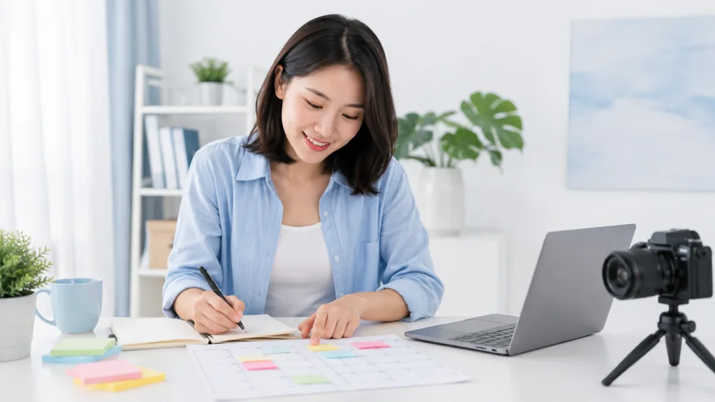 Creator planning content at a bright desk with a notebook, laptop, camera and content calendar in a clean workspace