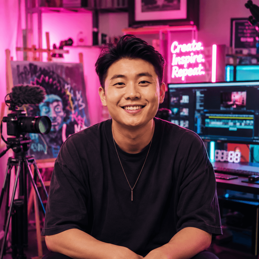 Photography Services Malaysia | Business, Product & Event 49 Malaysian Chinese content creator smiling in a neon-lit photography and video studio