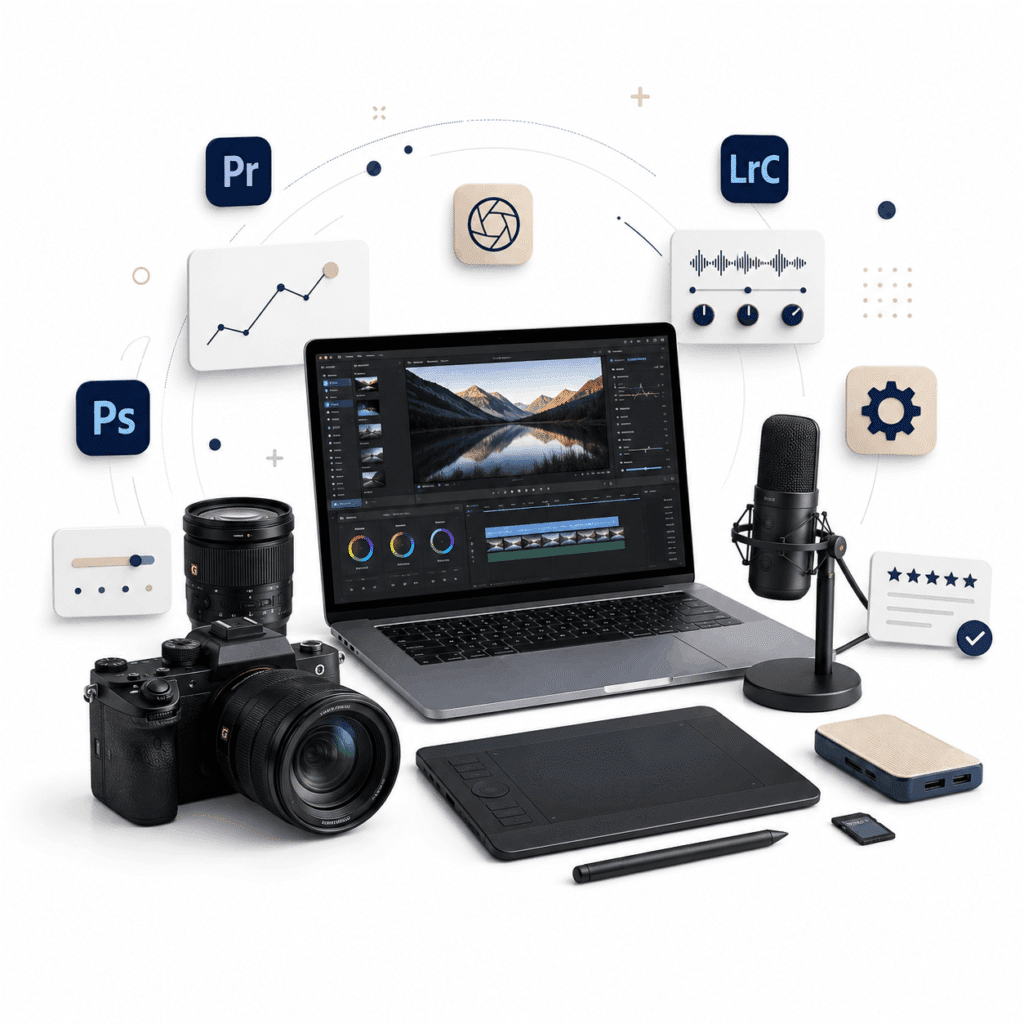 Brand & Creator Economy | SEO, Affiliate & Growth 22 Miura Visual Insights Creator tips content workflow with laptop, camera, notebook and planning elements