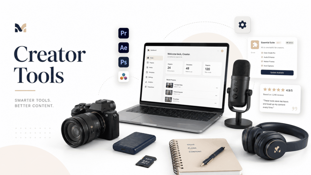 Miura Visual Insights | Content, SEO & Creator Growth 21 Creator tools workspace with laptop, camera, microphone, headphones and software elements on a white background