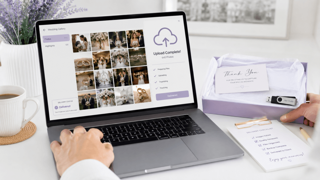 Photography Services Malaysia | Business, Product & Event 42 Laptop showing completed image delivery with uploaded gallery, delivery checklist and client package