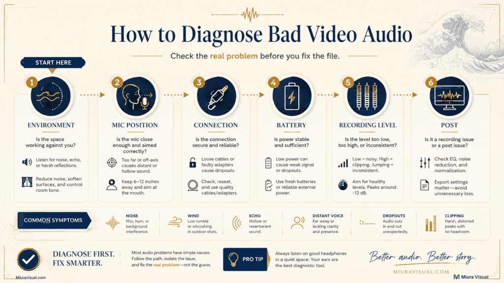 How to Improve Audio Recording for Video Before Editing 2 How to diagnose bad video audio by checking environment, microphone position, connection, battery and recording levels