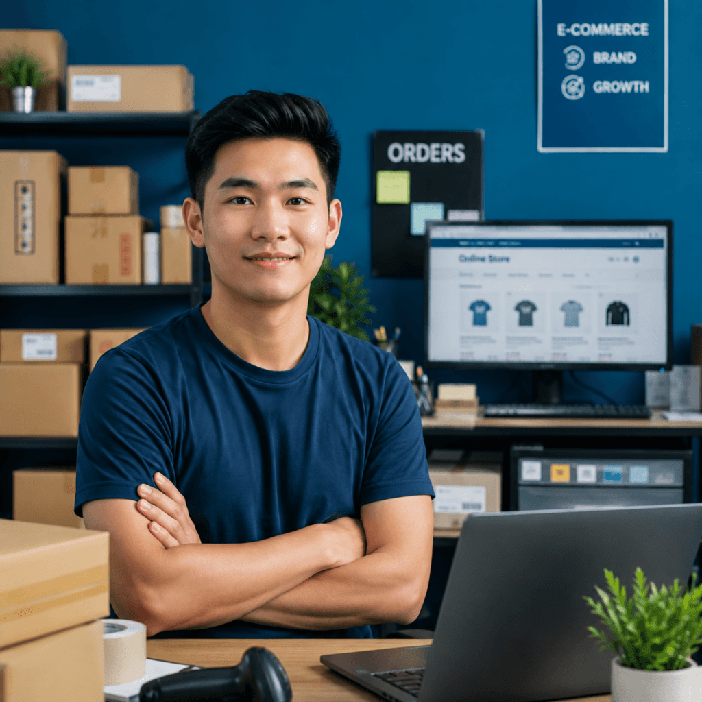 Graphic Design Services Malaysia | Miura Visual 44 E-commerce brand seller portrait in an online store workspace with shipping boxes and order management setup