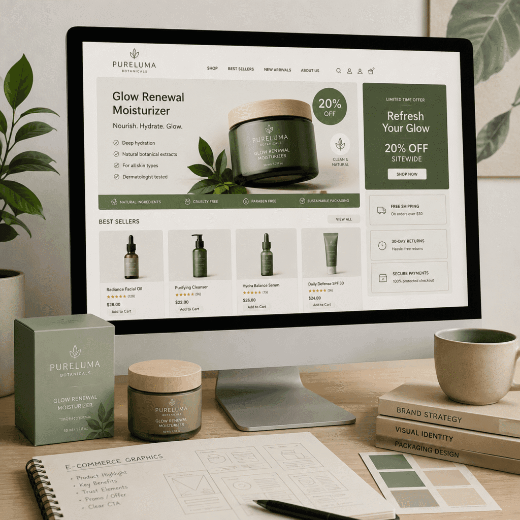 Graphic Design Services Malaysia | Miura Visual 6 E-commerce graphic design workspace with product page and online store visuals