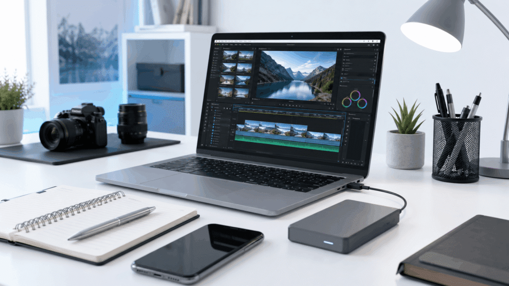 Creator Tips | Content, Photography, Video & Workflow 8 Editing workflow desk with a laptop showing video editing software, camera gear, notebook, phone and external drive