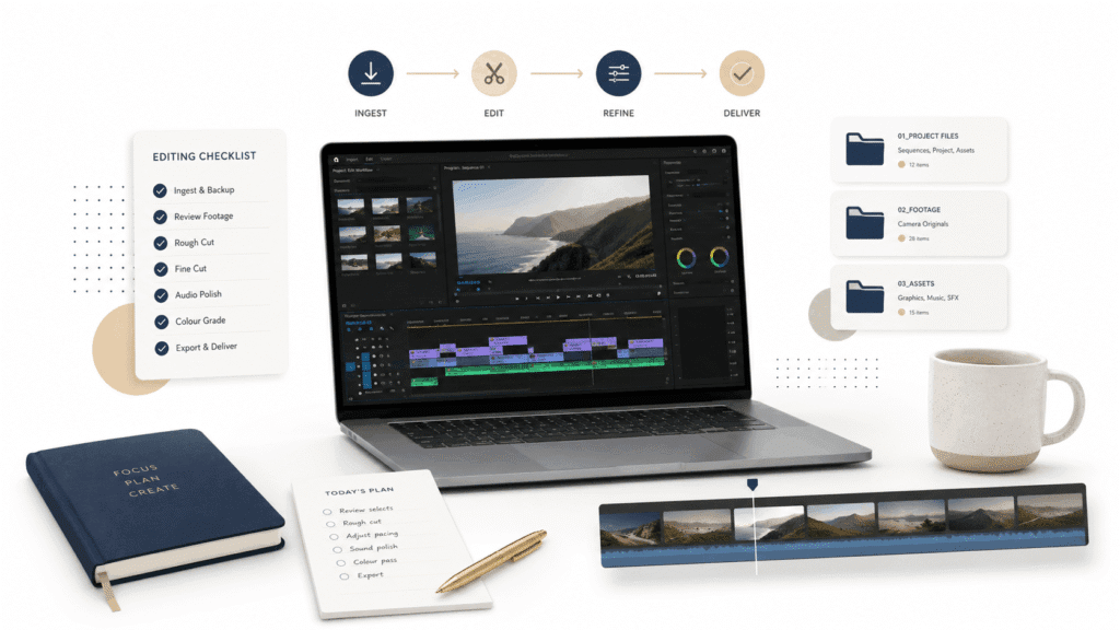 Miura Visual Insights | Content, SEO & Creator Growth 20 Editing workflow workspace with laptop, editing checklist, project folders and video timeline on a white background