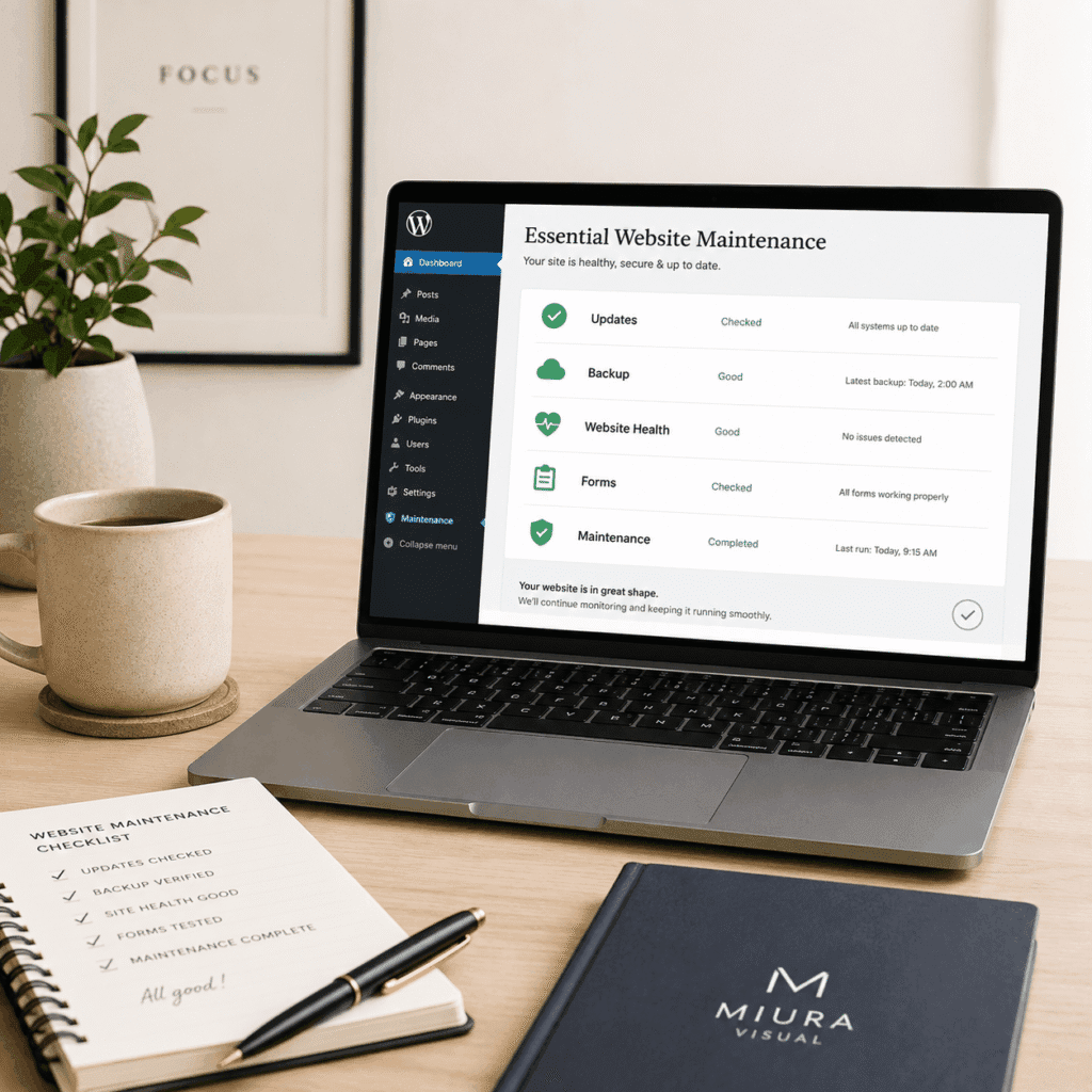 WordPress Website Maintenance Malaysia | Miura Visual 4 WordPress maintenance dashboard showing completed updates, backup checks and website health status