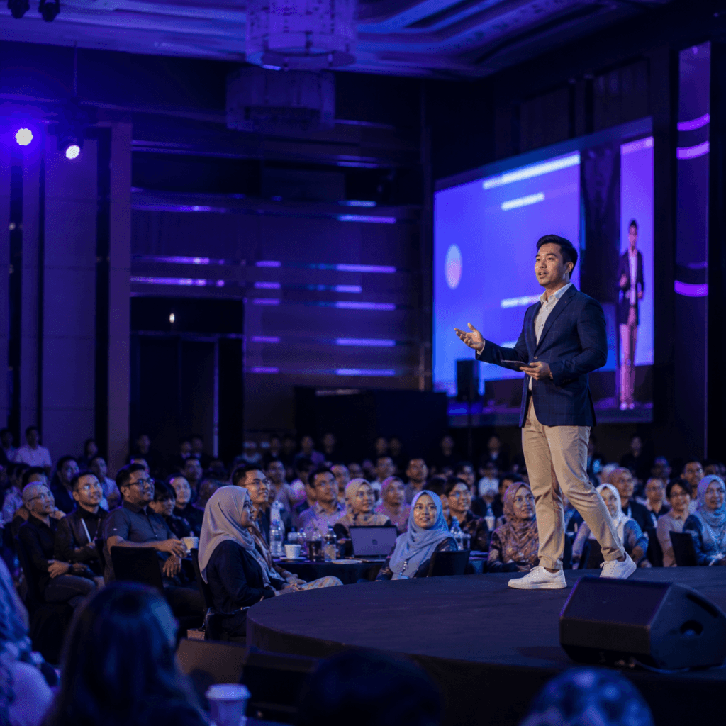Photography Services Malaysia | Business, Product & Event 7 Local speaker presenting on stage in front of an audience at a business event