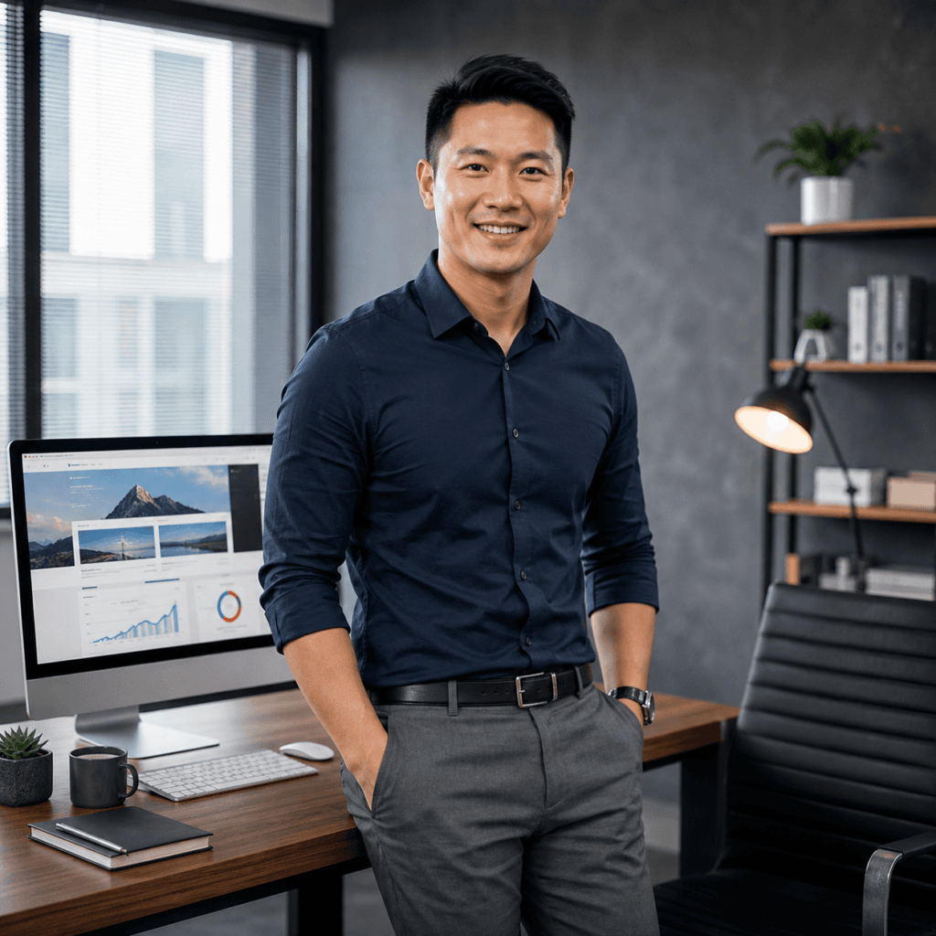 Smiling business owner standing in a modern office beside a monitor displaying website performance and analytics data.