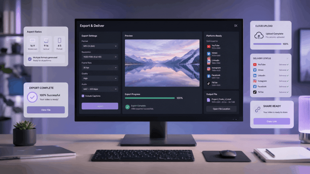 Video Editing Services Malaysia | Social & Short-Form Videos 41 Video export and delivery workspace with platform formats, upload status and share-ready files