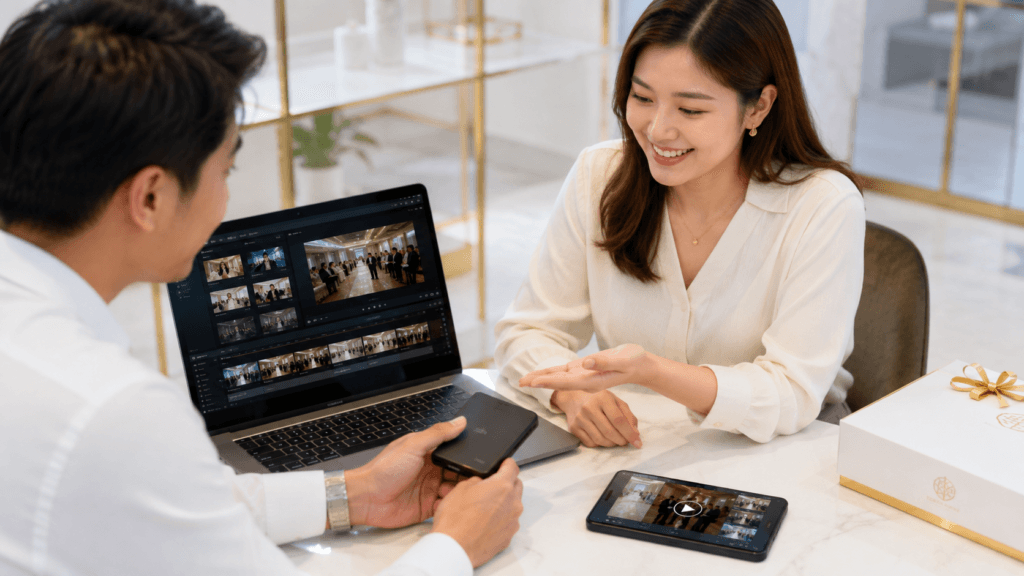 Videography Services Malaysia | Product & Business Videos 41 Completed videos being reviewed and delivered to a client through a laptop, mobile preview and external storage device