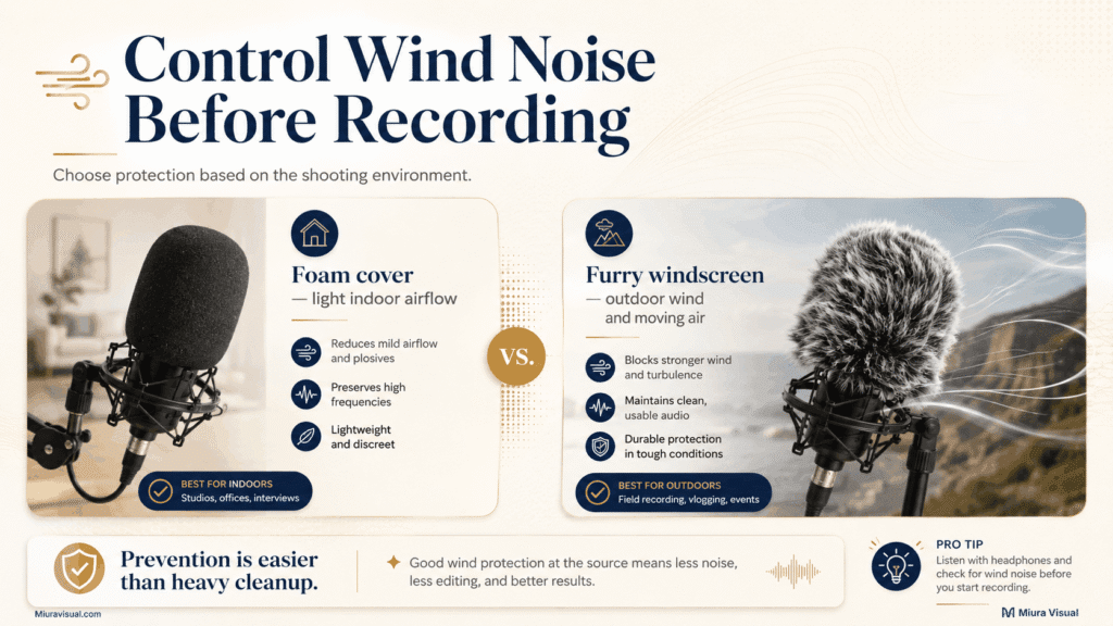How to Improve Audio Recording for Video Before Editing 3 Foam microphone cover and furry windscreen comparison for reducing wind noise during video audio recording