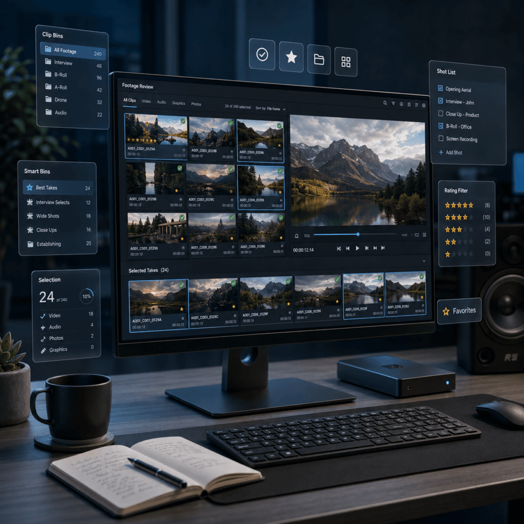 Video Editing Services Malaysia | Social & Short-Form Videos 10 Video editing workspace showing footage review and clip selection with floating media bins and shot list panels