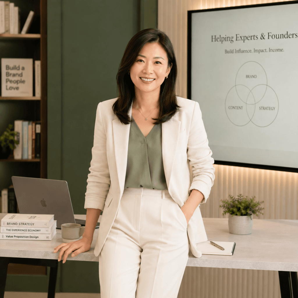 Videography Services Malaysia | Product & Business Videos 46 Local Chinese founder or expert smiling in a professional branding office with presentation screen, laptop and strategy books