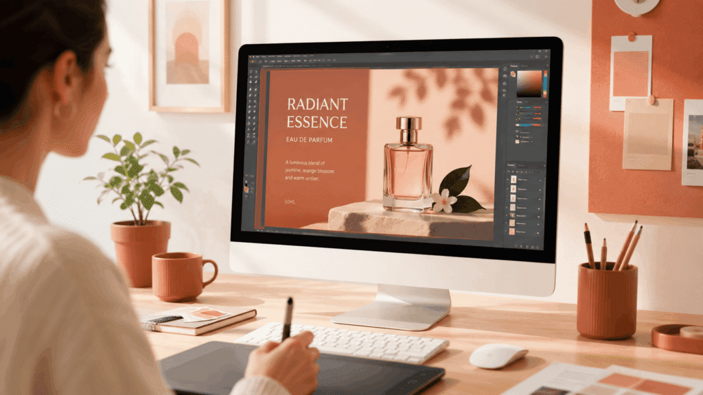 Graphic Design Services Malaysia | Miura Visual 39 Graphic design creation workspace with product promotional artwork being designed on screen