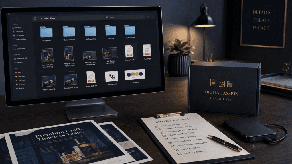 Graphic Design Services Malaysia | Miura Visual 41 Graphic design export and delivery workspace with final files, approved artwork and delivery checklist