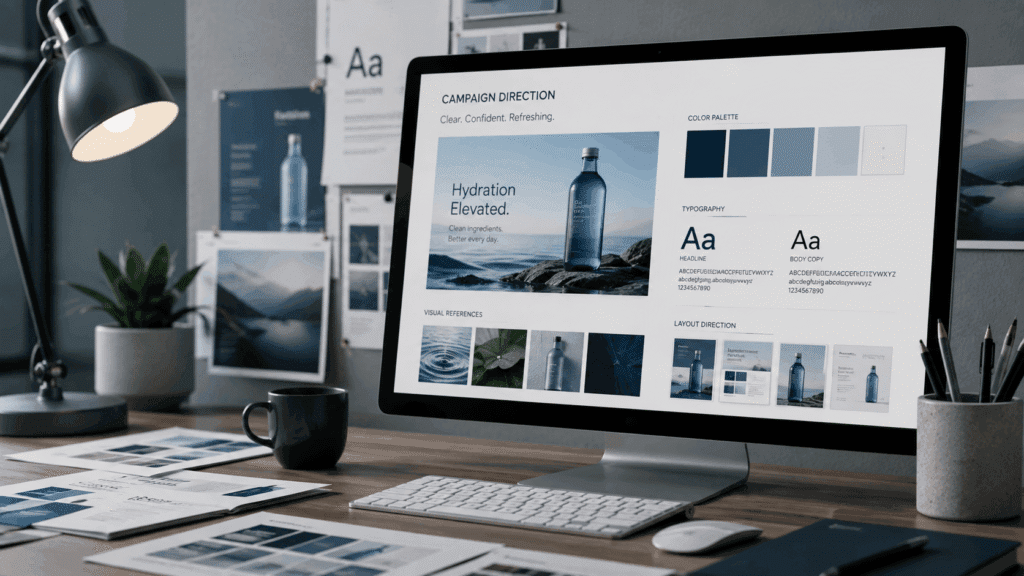Graphic Design Services Malaysia | Miura Visual 38 Graphic design visual direction workspace with campaign moodboard, layout references and colour palette