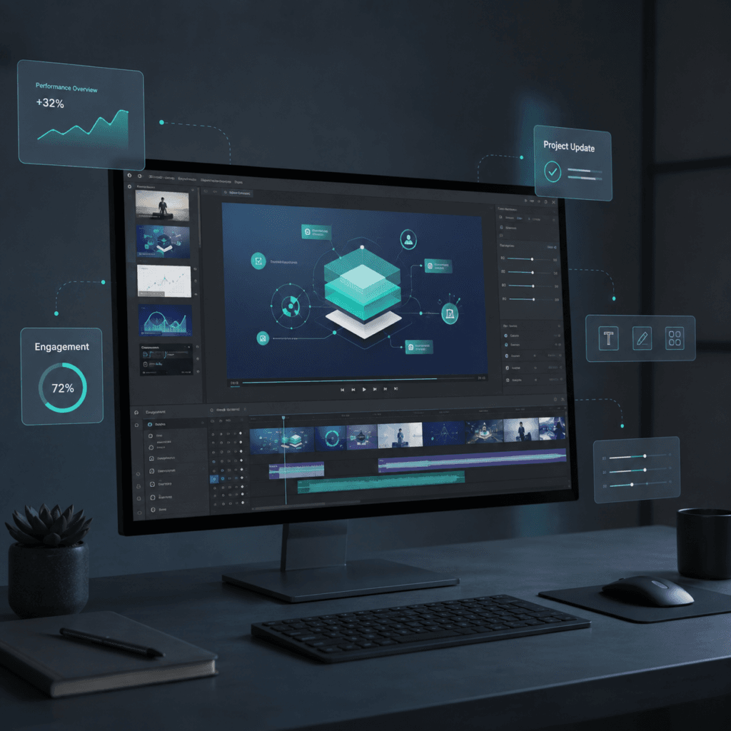 Video Editing Services Malaysia | Social & Short-Form Videos 8 Graphic-enhanced video editing workspace with animated digital elements and business visuals