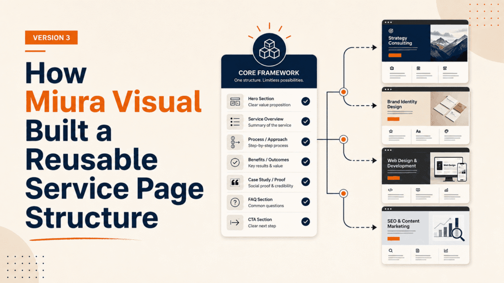 Reusable service page structure shown through connected website layouts and modular content sections