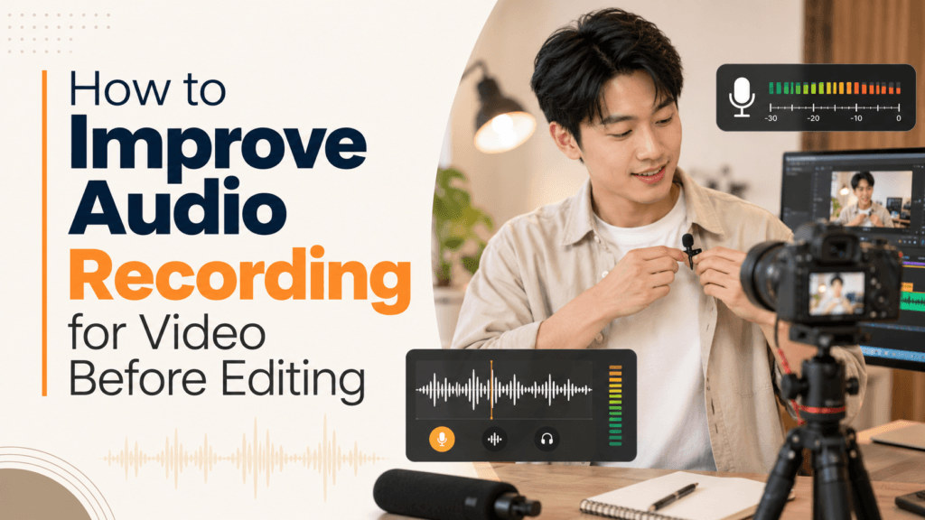 How to Improve Audio Recording for Video Before Editing 1 Young Asian creator clipping a lavalier microphone before filming, with camera setup and audio meter graphics beside the title “How to Improve Audio Recording for Video Before Editing”
