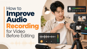Creator Tips | Content, Photography, Video & Workflow 9 Young Asian creator clipping a lavalier microphone before filming, with camera setup and audio meter graphics beside the title “How to Improve Audio Recording for Video Before Editing”