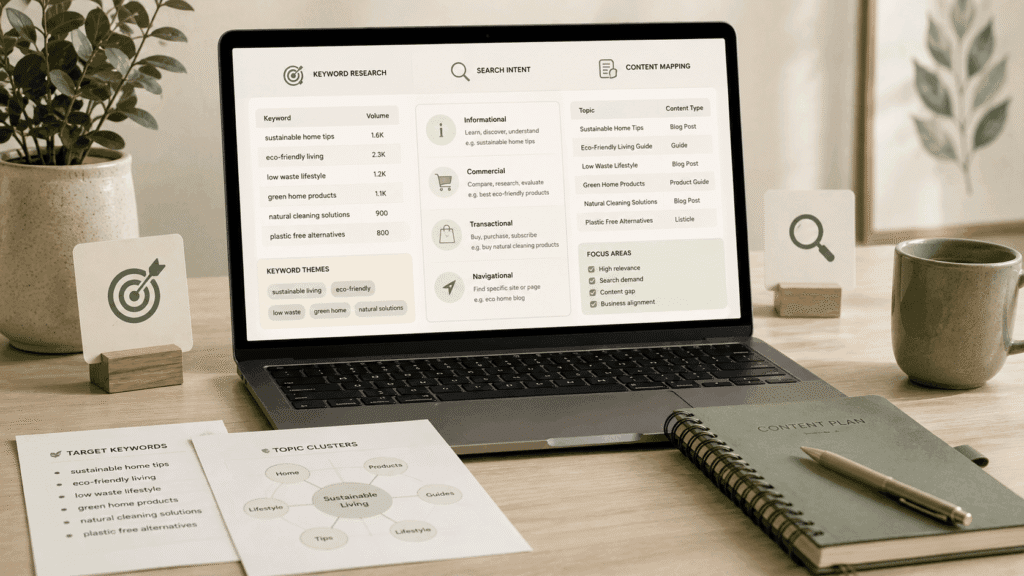 Laptop displaying keyword research, search intent, topic mapping and target keyword planning for website pages.