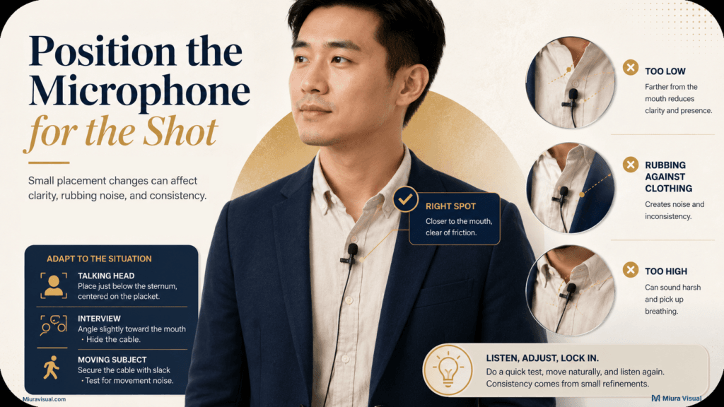 How to Improve Audio Recording for Video Before Editing 4 Malaysian Chinese man demonstrating correct lavalier microphone placement for video audio recording