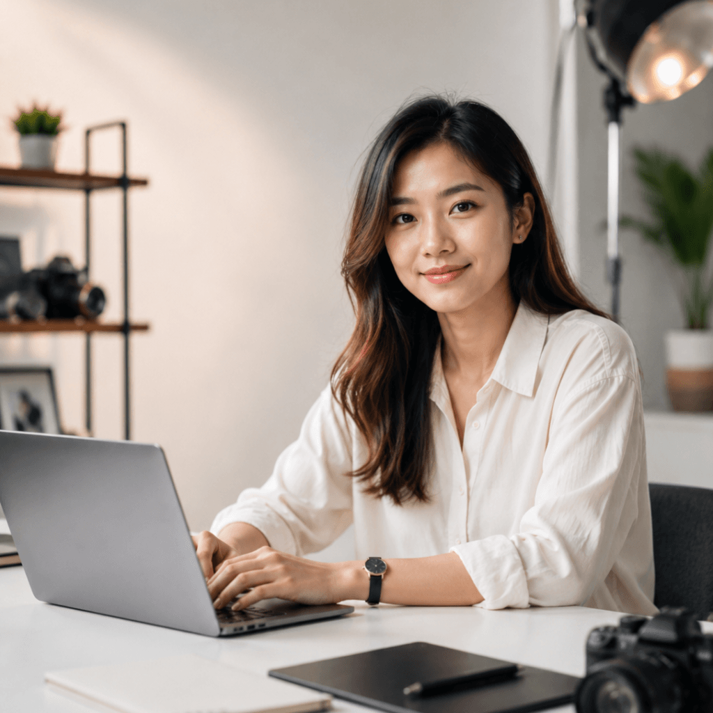 Malaysian Chinese woman working on a laptop in a modern creative studio workspace