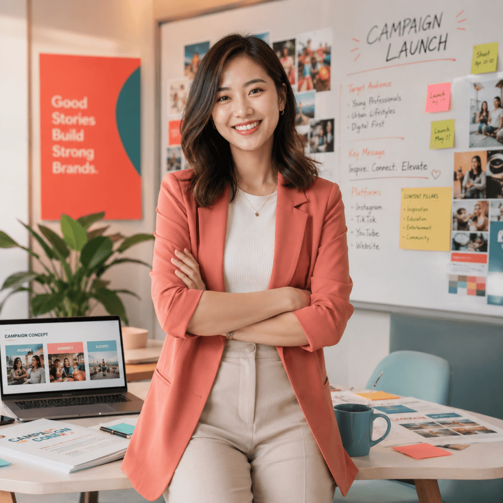 Videography Services Malaysia | Product & Business Videos 45 Local Chinese marketing professional smiling in a campaign planning workspace with strategy board, laptop and content materials