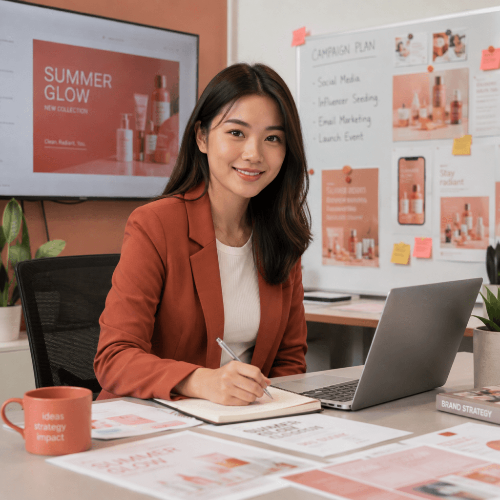 Graphic Design Services Malaysia | Miura Visual 45 Marketing team representative portrait in a campaign planning workspace with brand visuals and promotional materials
