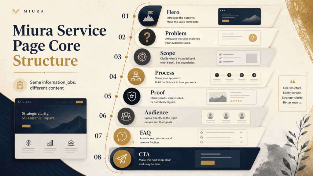 Miura service page core structure showing Hero, Problem, Scope, Process, Proof, Audience, FAQ and CTA sections