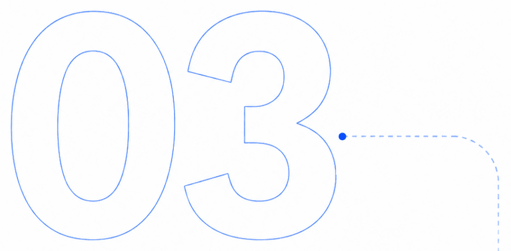 About Miura Visual | Story, Services & Evolution 28 Minimal white visual with the number 03 and blue connecting line representing long-term reusable digital and visual assets.