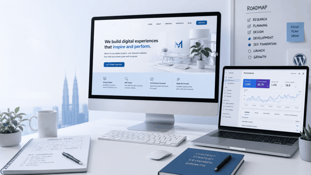 About Miura Visual | Story, Services & Evolution 20 Website and SEO workspace with WordPress website, analytics dashboard and digital planning for Miura Visual.